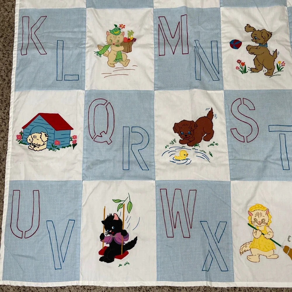 Vintage ABC Alphabet Animals Baby Quilt Blue White Gingham Puppy Kitten Retro‎